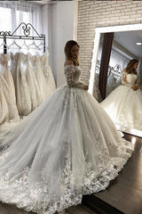 Long Sleeves Off-the-Shoulder Wedding Dress Ball Gown With Lace Appliques