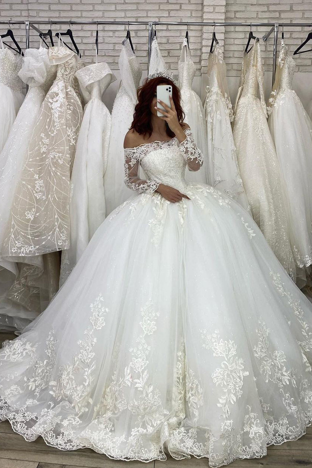 Long Sleeves Off-the-Shoulder Wedding Dress Ball Gown With Lace Appliques