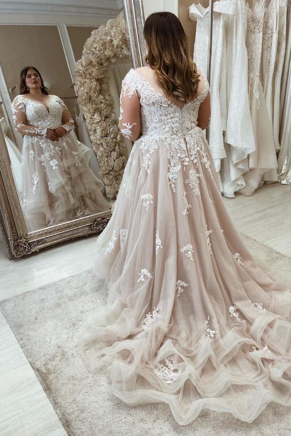 Long Sleeves Plus Size Wedding Dress Tulle With Lace