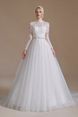 Long Sleeves Princess Lace Wedding Dress Tulle Bridal Gowns