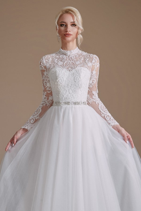 Long Sleeves Princess Lace Wedding Dress Tulle Bridal Gowns