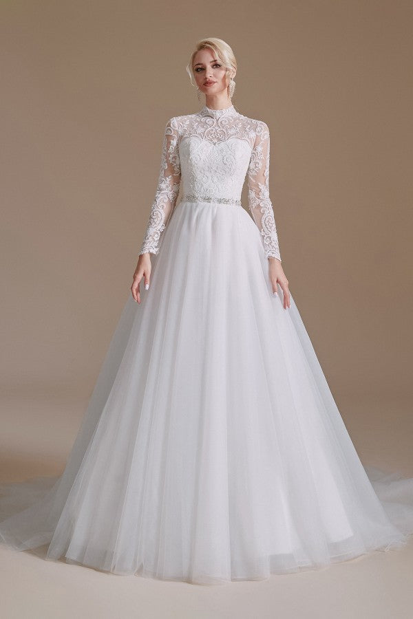 Long Sleeves Princess Lace Wedding Dress Tulle Bridal Gowns