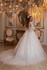 Long Sleeves Princess Wedding Dress Ball Gown With Lace Feather