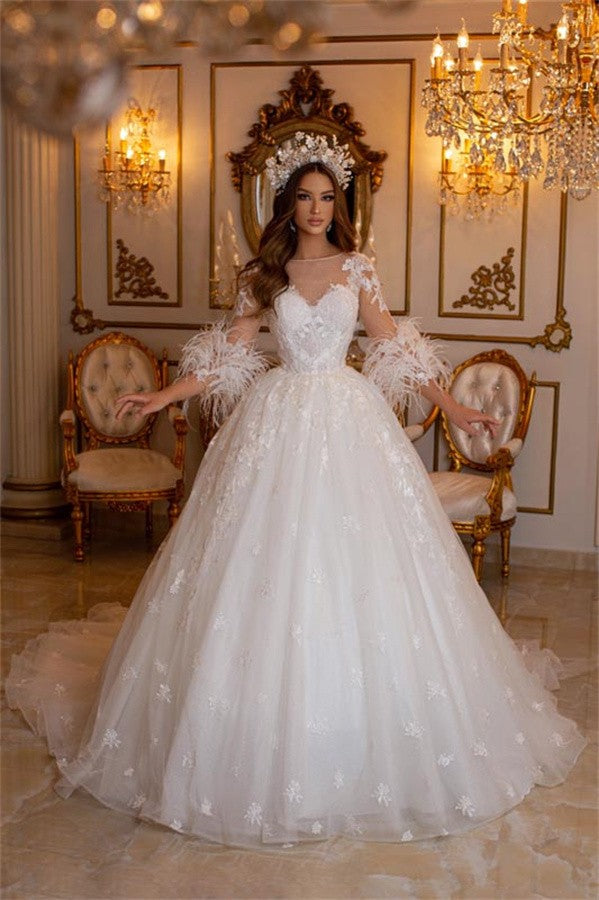 Long Sleeves Princess Wedding Dress Ball Gown With Lace Feather