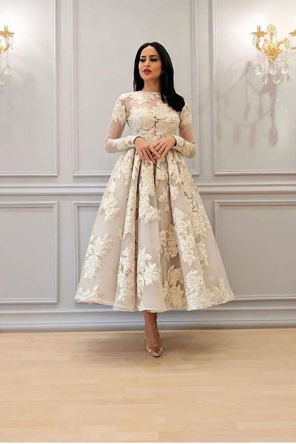 Long Sleeves Prom Dress Appliques Tea-Length