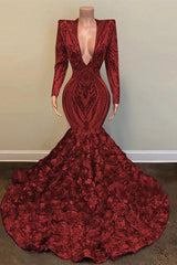 Long Sleeves Prom Dress Mermaid Burgundy V-Neck With Flowers Bottom