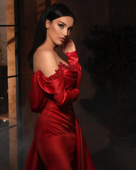 Long Sleeves Red Mermaid Prom Dress With Slit Off-the-Shoulder