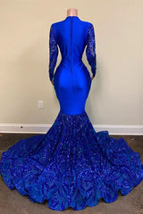 Long Sleeves Royal Blue Prom Dress Mermaid Sequins V-Neck