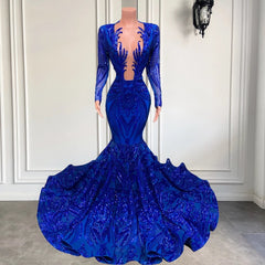 Long Sleeves Royal Blue Prom Dress Mermaid Sequins V-Neck