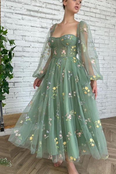 Green prom dress with sleeves best sale