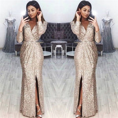 Long Sleeves Sequins Prom Dress Long With Split