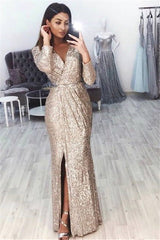 Long Sleeves Sequins Prom Dress Long With Split