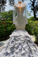 Long Sleeves Silver Prom Dress Mermaid Appliques With Feather