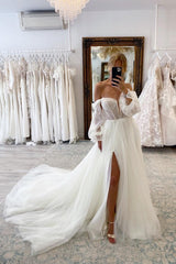 Long Sleeves Tulle Wedding Dress Off-the-Shoulder With Lace