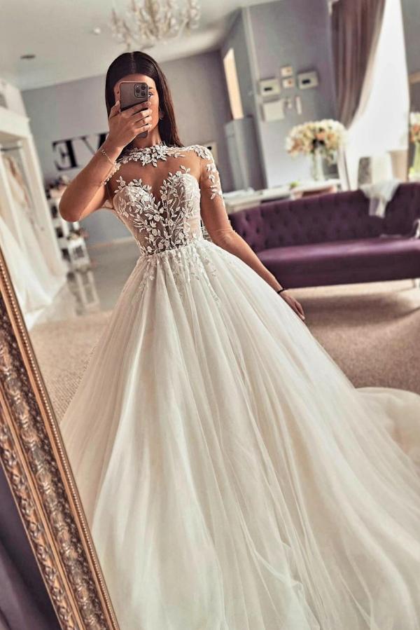 Long Sleeves Tulle Wedding Dress Princess With Appliques