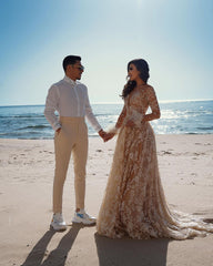 Long Sleeves V-Neck Champagne Wedding Dress Beach With Appliques