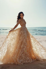 Long Sleeves V-Neck Champagne Wedding Dress Beach With Appliques