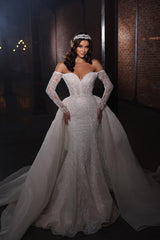 Long Sleeves Wedding Dress Lace Mermaid With Detachable Skirt