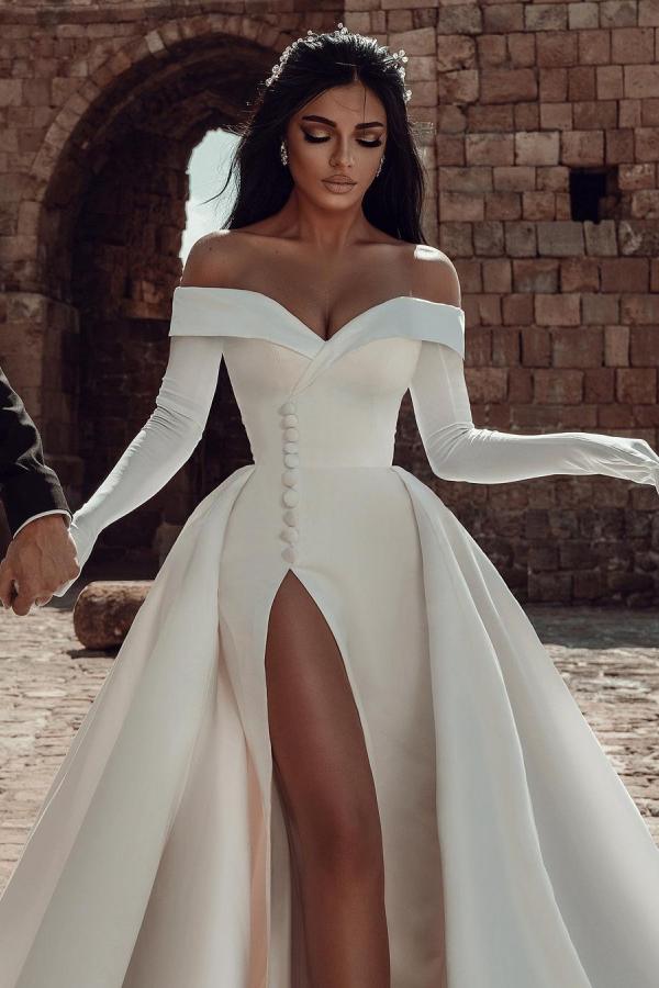 Long Sleeves Wedding Dress Off-the-Shoulder With Slit