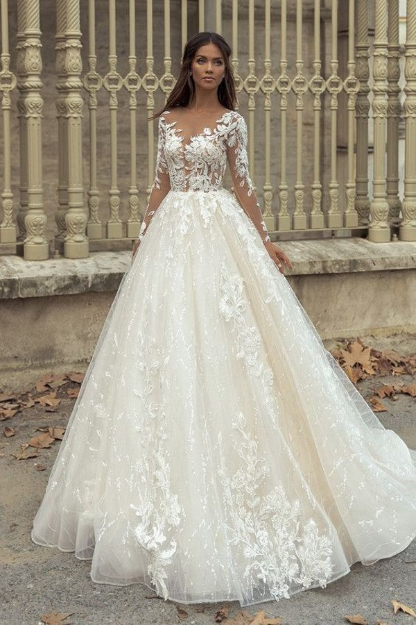 Long Sleeves Wedding Dress Princess With Lace Appliques