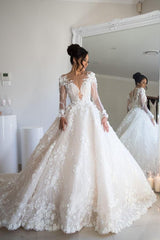 Long Sleeves Wedding Dresses Princess With Flowers Appliques