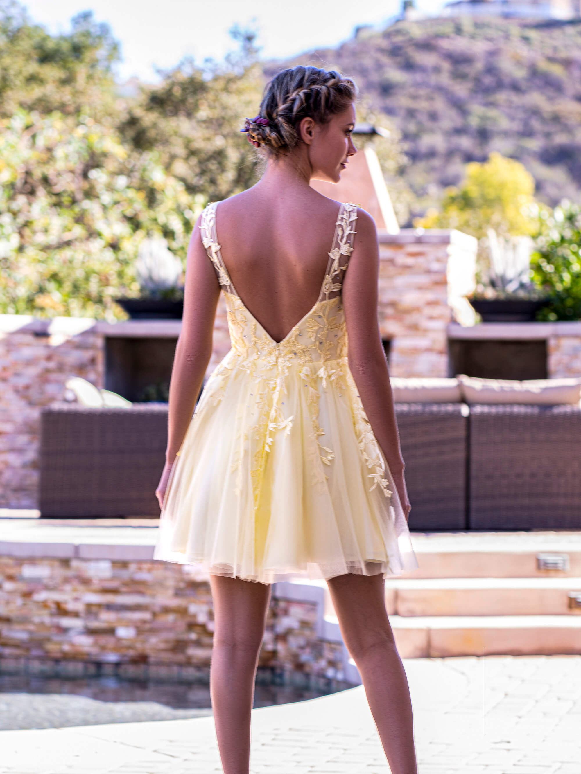 Low V-Back Appliqued Tulle Mini-Length Homecoming Dress