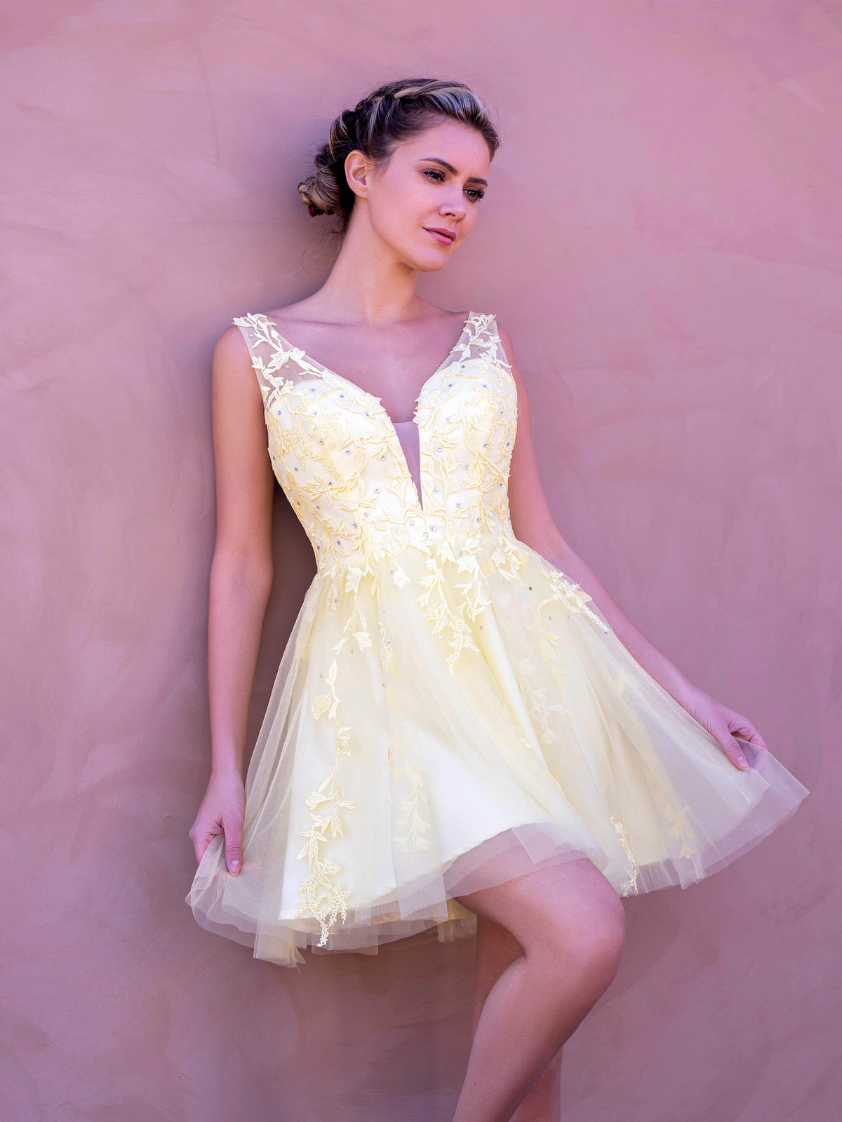 Low V-Back Appliqued Tulle Mini-Length Homecoming Dress