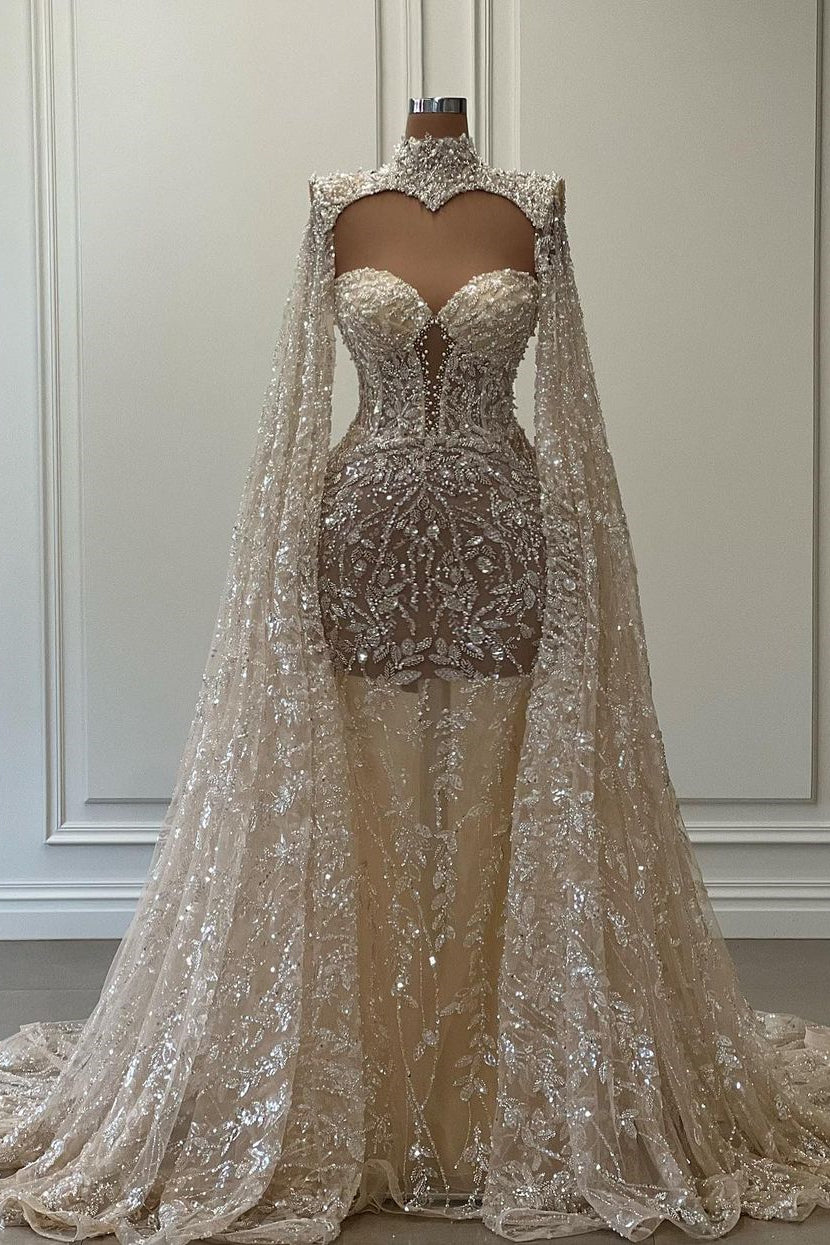 Opulent Long Mermaid High Neck Glitter Lace Prom Dress With Sleeves