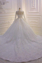 Luxury Ball Gown High Neck Tull Lace Wedding Dress Long Sleeves Appliques Sequins Bridal Gowns Online