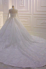 Luxury Ball Gown High Neck Tull Lace Wedding Dress Long Sleeves Appliques Sequins Bridal Gowns Online