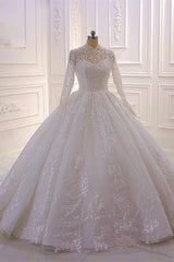 Luxury Ball Gown High Neck Tull Lace Wedding Dress Long Sleeves Appliques Sequins Bridal Gowns Online