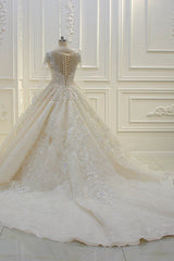 Luxury Ball Gown Jewel Tulle Wedding  Dress Long Sleeves Lace Applqiues Beadings Bridal Gowns On Sale