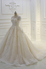 Luxury Ball Gown Jewel Tulle Wedding  Dress Long Sleeves Lace Applqiues Beadings Bridal Gowns On Sale