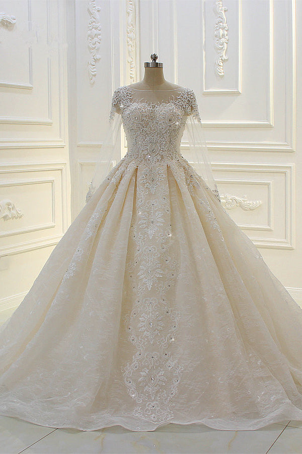 Luxury Ball Gown Jewel Tulle Wedding  Dress Long Sleeves Lace Applqiues Beadings Bridal Gowns On Sale