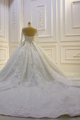 Luxury Ball Gown Lace Appliques Beading Wedding Dress Long Sleeves Ruffles Bridal Gowns On Sale