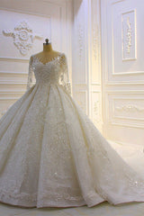 Luxury Ball Gown Lace Appliques Beading Wedding Dress Long Sleeves Ruffles Bridal Gowns On Sale