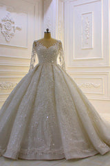 Luxury Ball Gown Lace Appliques Beading Wedding Dress Long Sleeves Ruffles Bridal Gowns On Sale