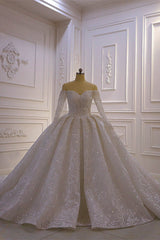 Luxury Ball Gown Long Sleeves Wedding Dress Tulle Lace Sweetheart Beadings Bridal Gowns On Sale