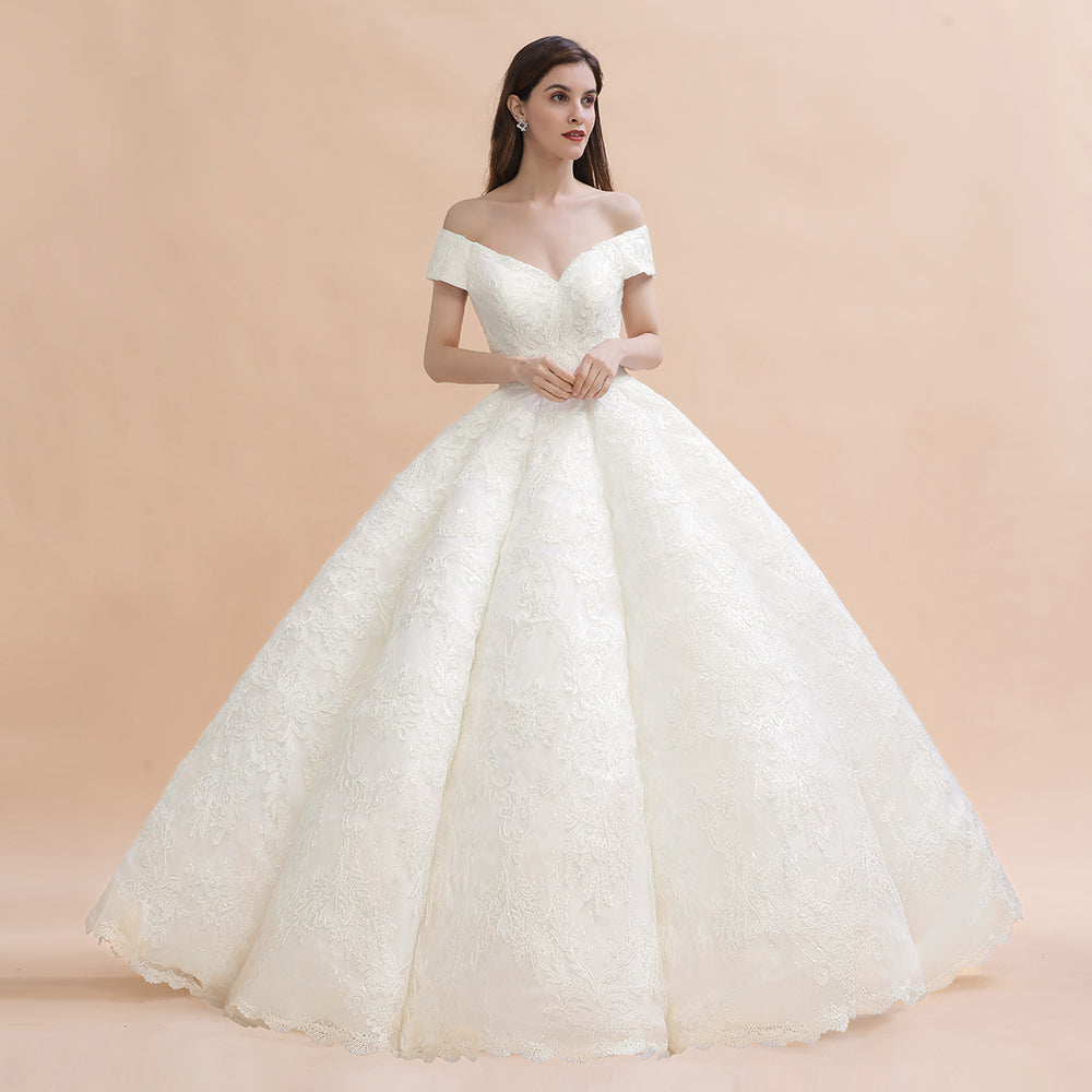 Luxury Ball Gown Off-the-Shoulder Sweetheart Wedding Dress Sleeveless Lace Satin Bridal Gowns On Sale