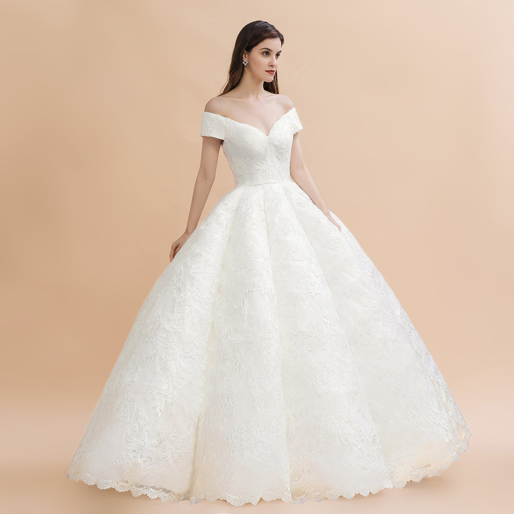 Luxury Ball Gown Off-the-Shoulder Sweetheart Wedding Dress Sleeveless Lace Satin Bridal Gowns On Sale