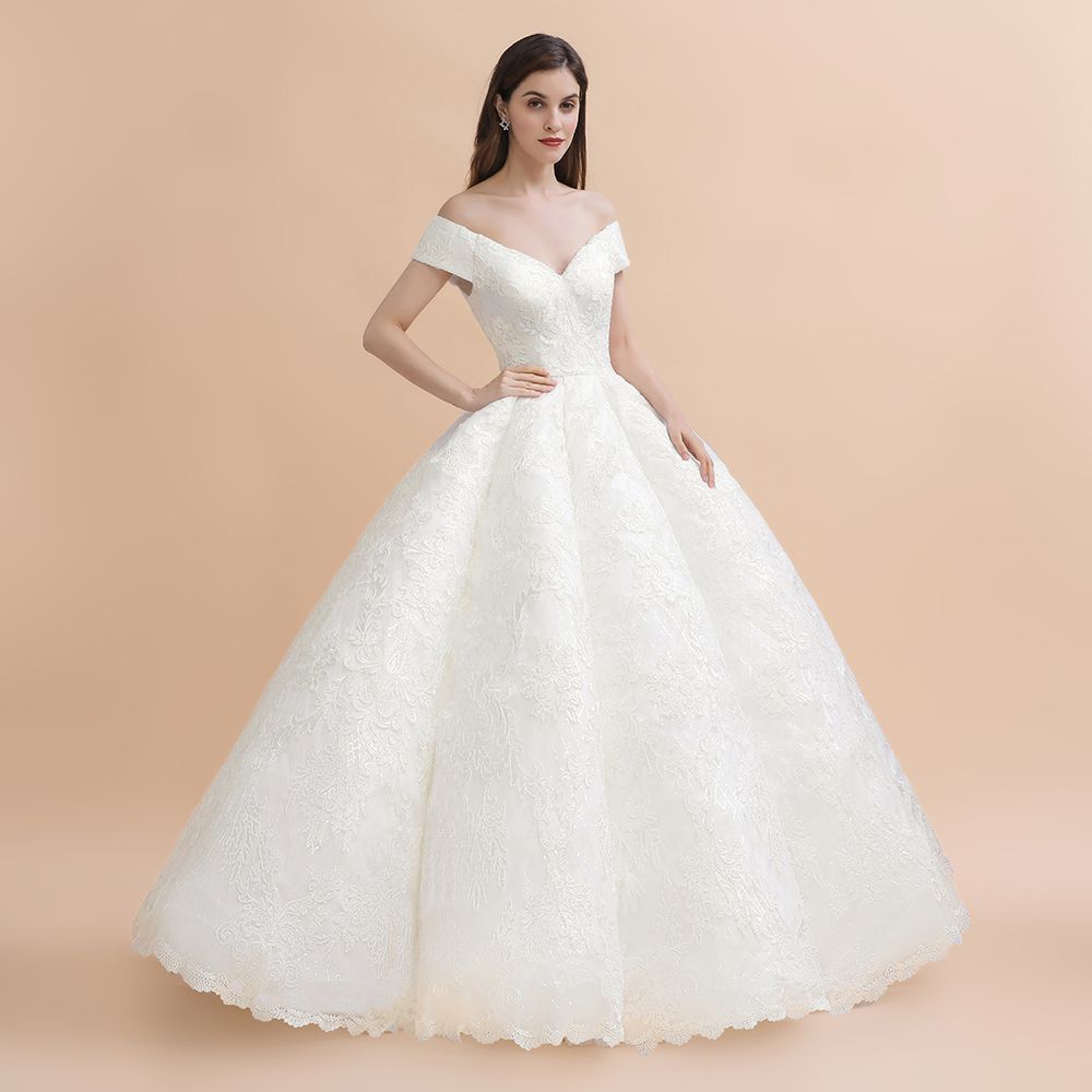 Luxury Ball Gown Off-the-Shoulder Sweetheart Wedding Dress Sleeveless Lace Satin Bridal Gowns On Sale