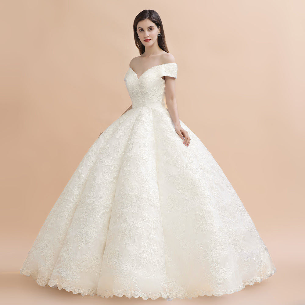 Luxury Ball Gown Off-the-Shoulder Sweetheart Wedding Dress Sleeveless Lace Satin Bridal Gowns On Sale