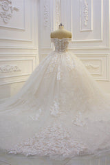 Luxury Ball Gown Strapless Tulle Wedding Dress Lace Appliques Sleeveless Sequined Bridal Gowns On Sale