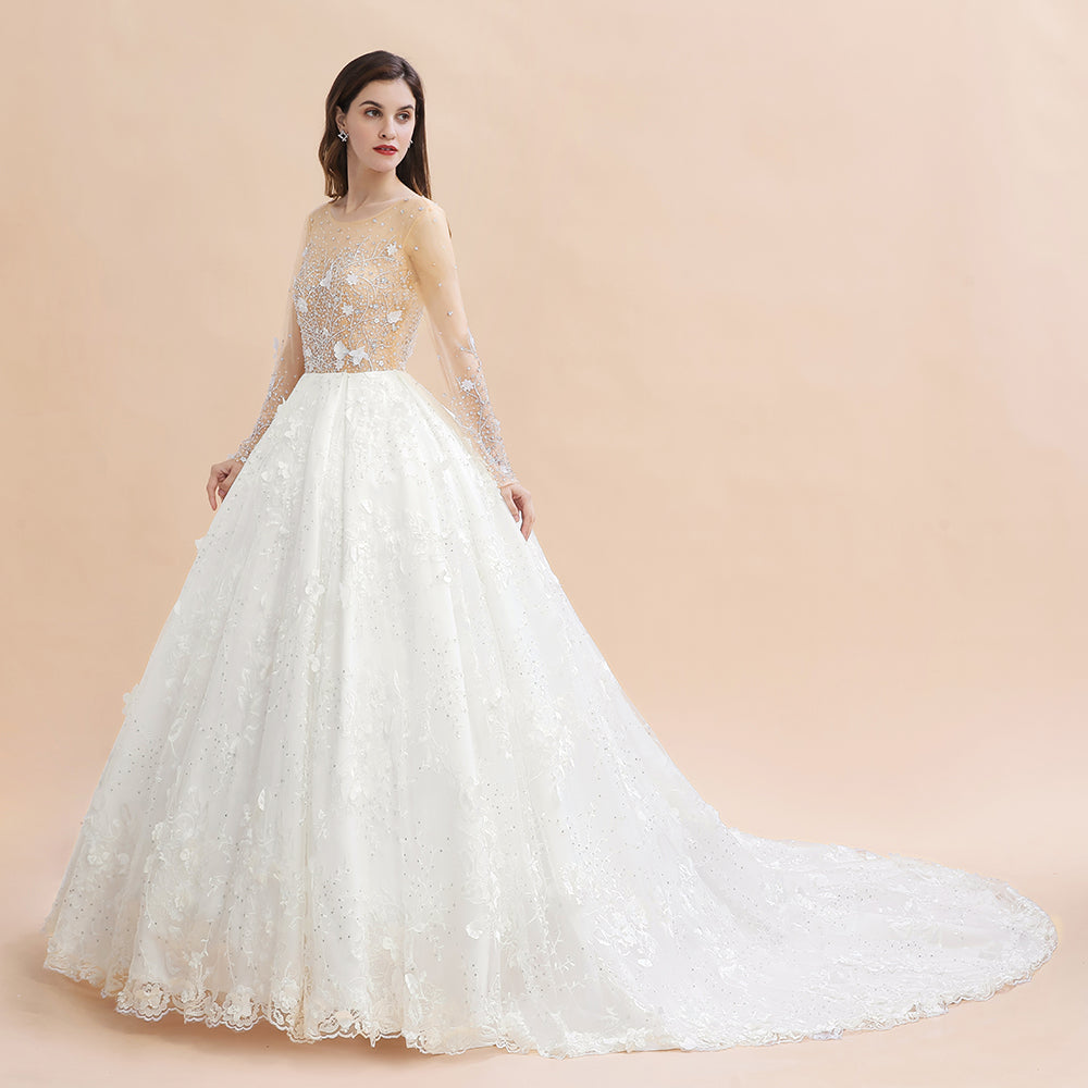 Luxury Ball Gown Tulle Lace Wedding Dress Long Sleeves Appliques Pearls Bridal Gowns with Flowers On Sale