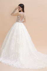 Luxury Ball Gown Tulle Lace Wedding Dress Long Sleeves Appliques Pearls Bridal Gowns with Flowers On Sale