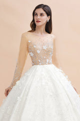 Luxury Ball Gown Tulle Lace Wedding Dress Long Sleeves Appliques Pearls Bridal Gowns with Flowers On Sale