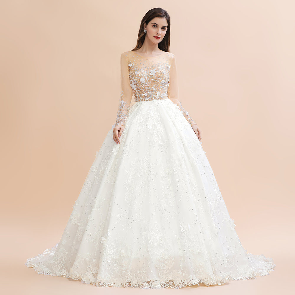 Luxury Ball Gown Tulle Lace Wedding Dress Long Sleeves Appliques Pearls Bridal Gowns with Flowers On Sale