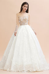 Luxury Ball Gown Tulle Lace Wedding Dress Long Sleeves Appliques Pearls Bridal Gowns with Flowers On Sale