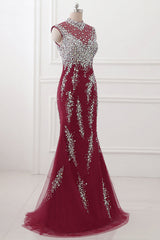 Luxury High-Neck Burgundy Mermaid Prom Dresses Sleeveless with White Rhinestones