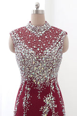 Luxury High-Neck Burgundy Mermaid Prom Dresses Sleeveless with White Rhinestones